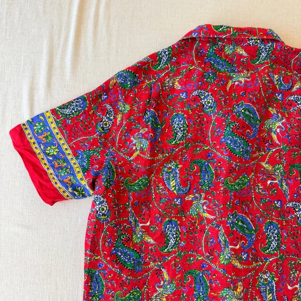 Polo Ralph Lauren Paisley Crane Linen Button Down Shirt Mens Large Red